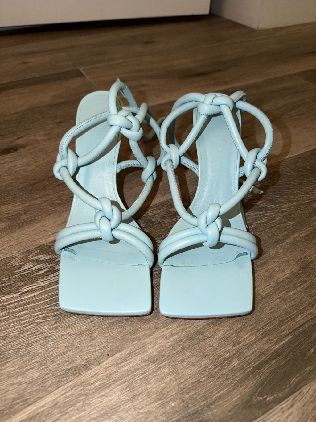Bottega Veneta Powder Blue Knotted Strap Heeled Sandals